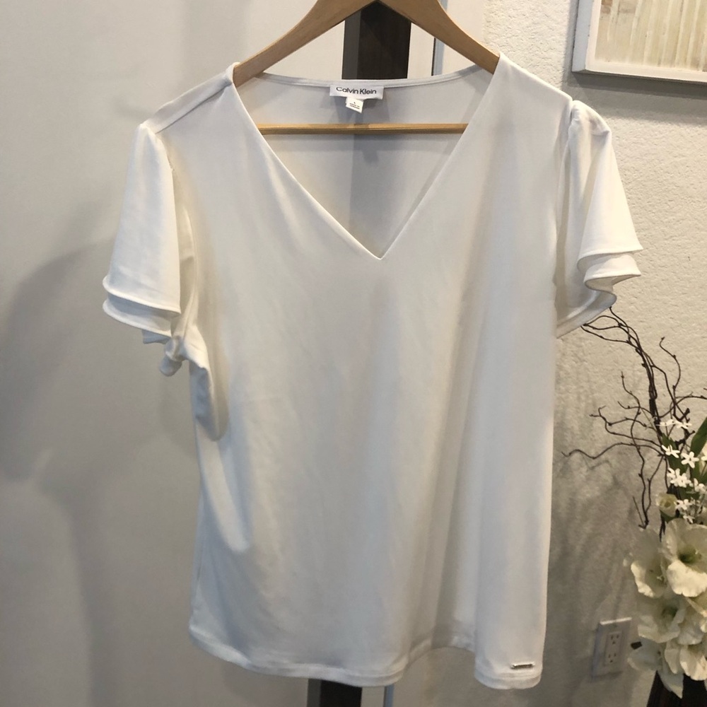Calvin Klein White V-Neck Flutter Sleeve Top
